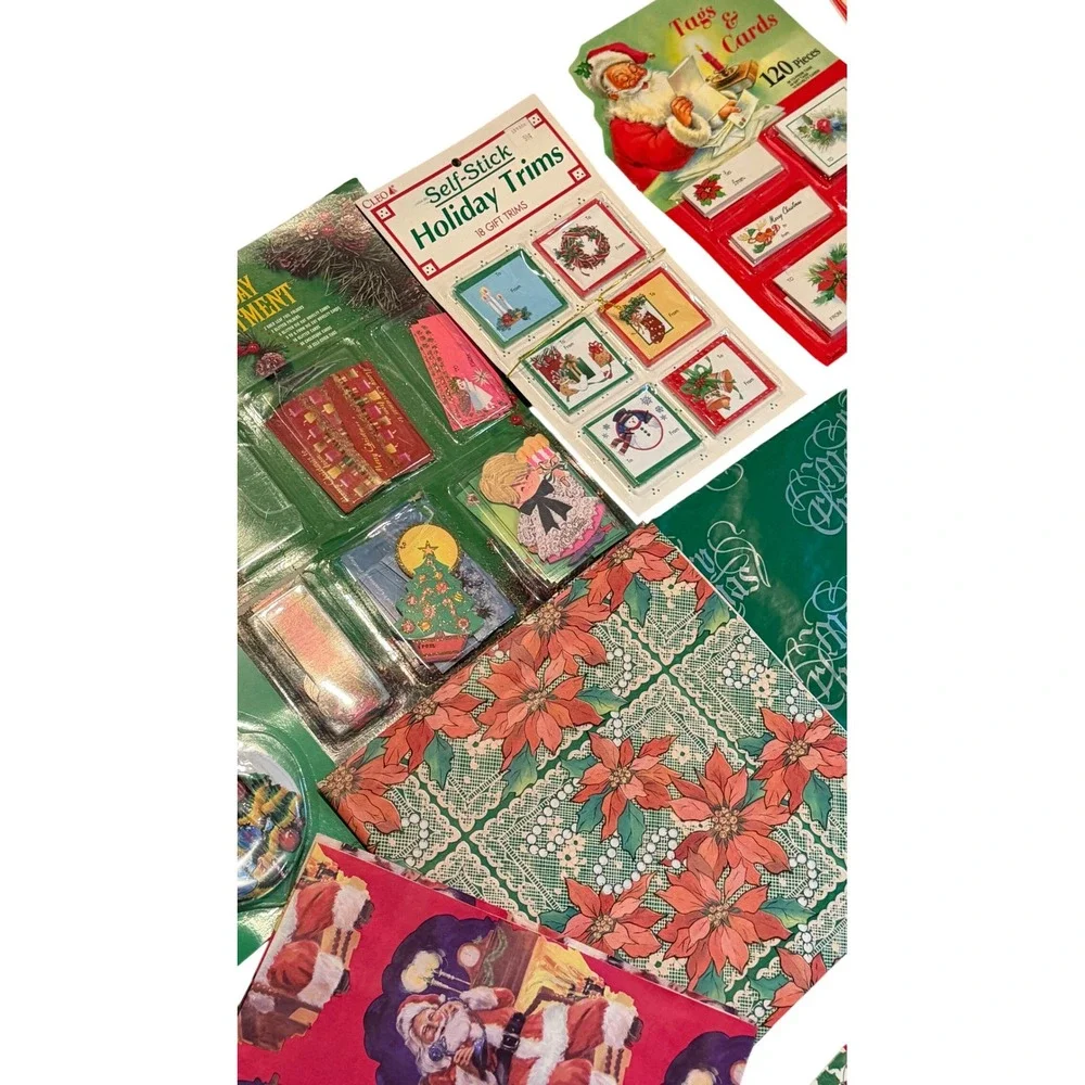 Vintage Christmas Gift Wrap Lot Wrapping Paper Bags Tags Santa Ephemera